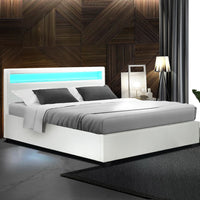 Artiss Bed Frame Queen Size LED Gas Lift White COLE