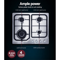 Devanti Gas Cooktop 60cm Gas Stove Cooker 4 Burner Cook Top Konbs NG LPG Steel