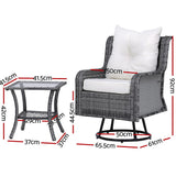 Gardeon 3PC Outdoor Furniture Bistro Set Lounge Wicker Swivel Chairs Table Cushion Grey