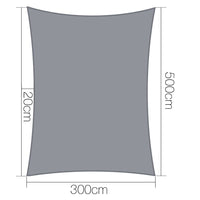 3x5m Instahut Shade Sail Rectangle 280GSM 98% Grey Shade Cloth