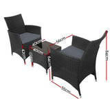 3PC Outdoor Bistro Set Patio Garden Furniture Wicker Chairs Table Cushion Black