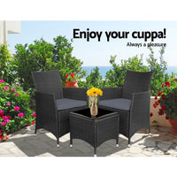 3PC Outdoor Bistro Set Patio Garden Furniture Wicker Chairs Table Cushion Black