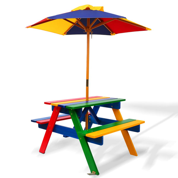 Kids Wooden Picnic Table Set with Umbrella Playground Garden Outdoor Furniture - Catching Deals