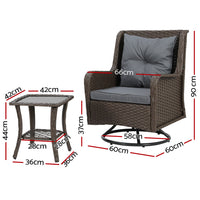 Gardeon 3PC Outdoor Furniture Bistro Set Lounge Wicker Swivel Chairs Table Cushion Black Media 1 of 8