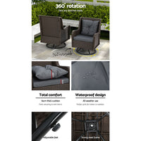 Gardeon 3PC Outdoor Furniture Bistro Set Lounge Wicker Swivel Chairs Table Cushion Black Media 1 of 8