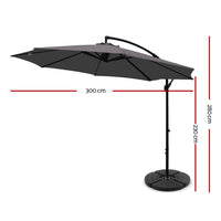 Instahut 3M Umbrella with 48x48cm Base Outdoor Umbrellas Cantilever Sun Beach Garden Patio Charcoal